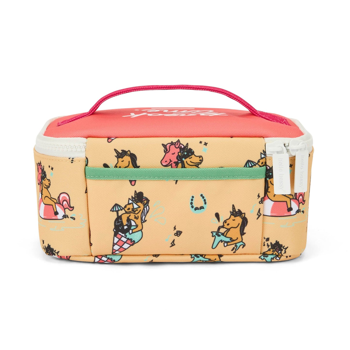 Beige and coral Hello Hossy unicorn print insulated lunch bag with green trim