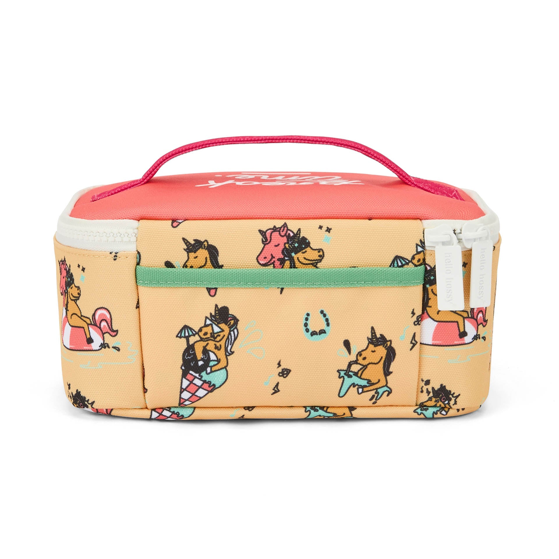Beige and coral Hello Hossy unicorn print insulated lunch bag with green trim