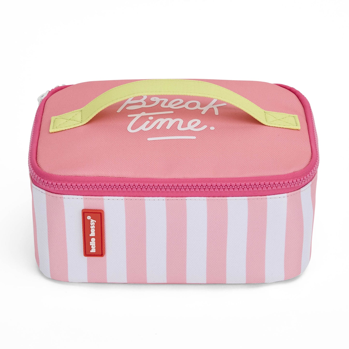 Pink and white vertical stripe insulated lunch bag front view