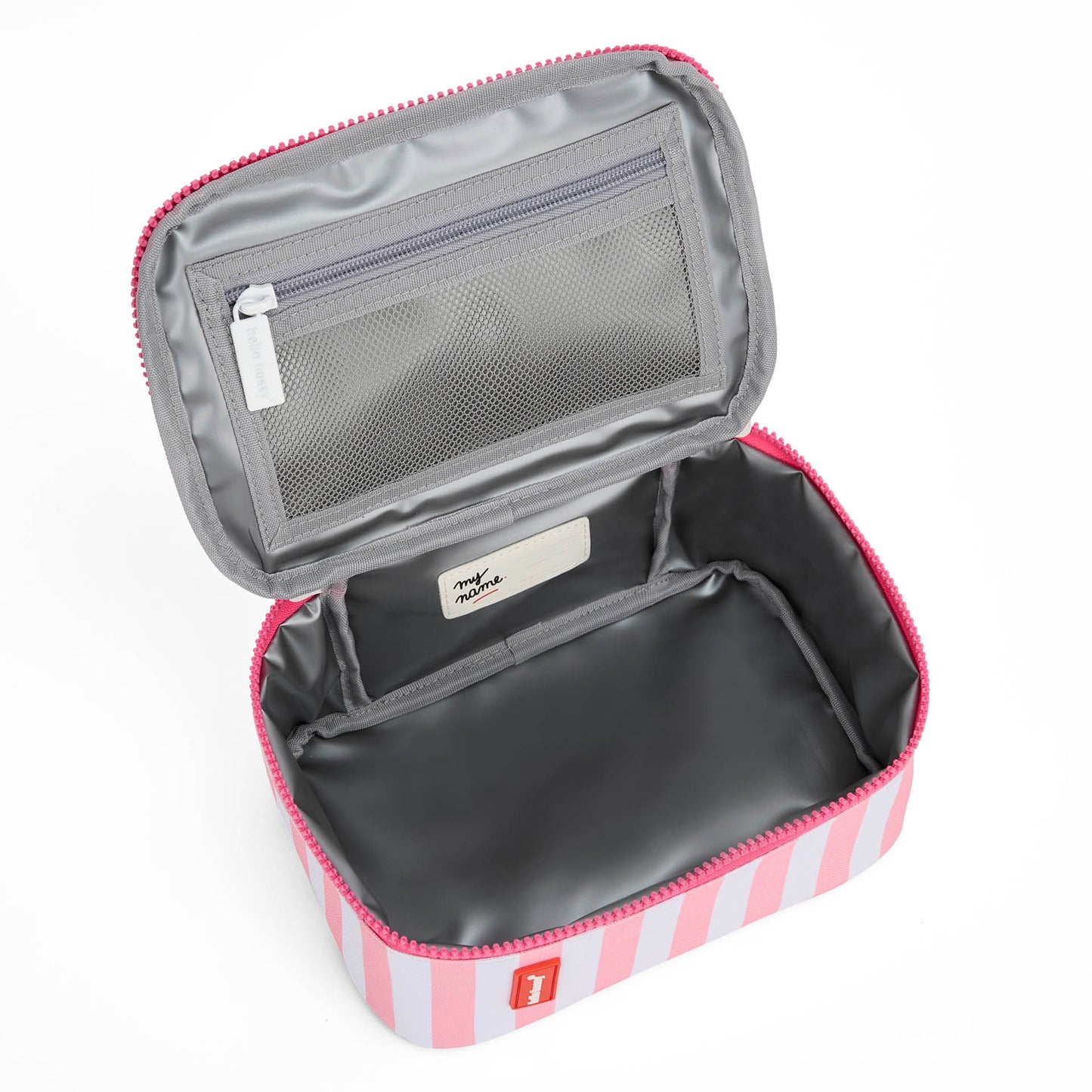 Overhead view of empty pink striped insulated lunch bag interior