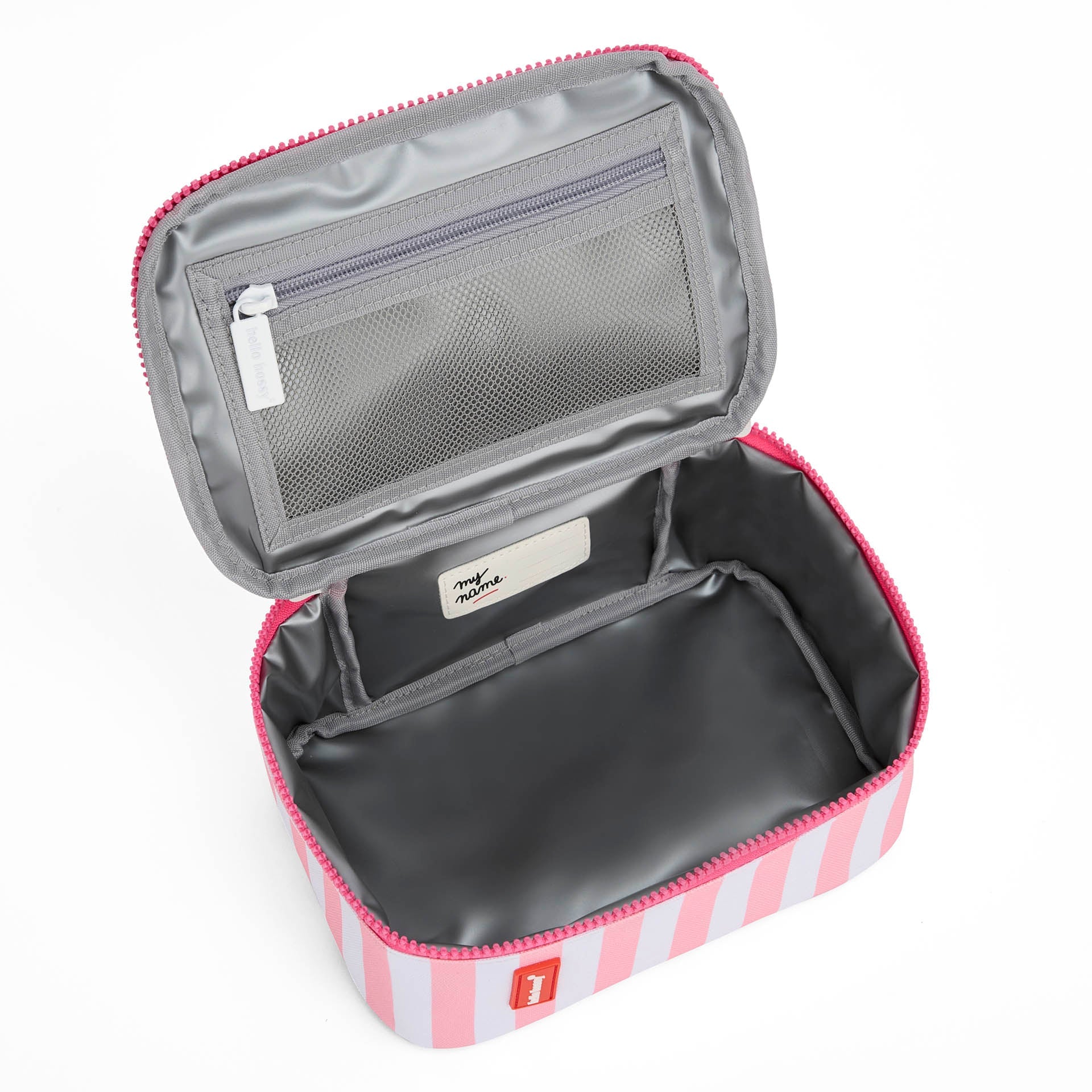 Overhead view of empty pink striped insulated lunch bag interior