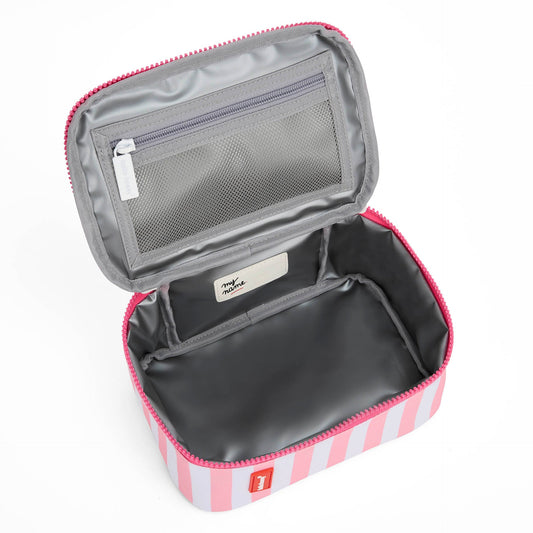Overhead view of empty pink striped insulated lunch bag interior