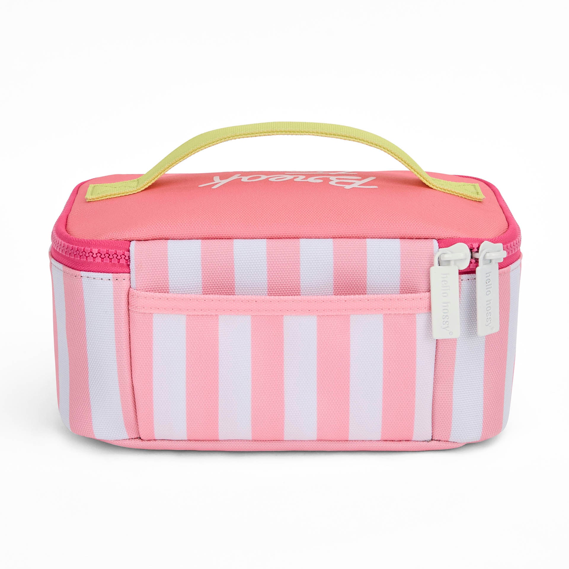 Pink and white striped insulated lunch bag with front pocket detail