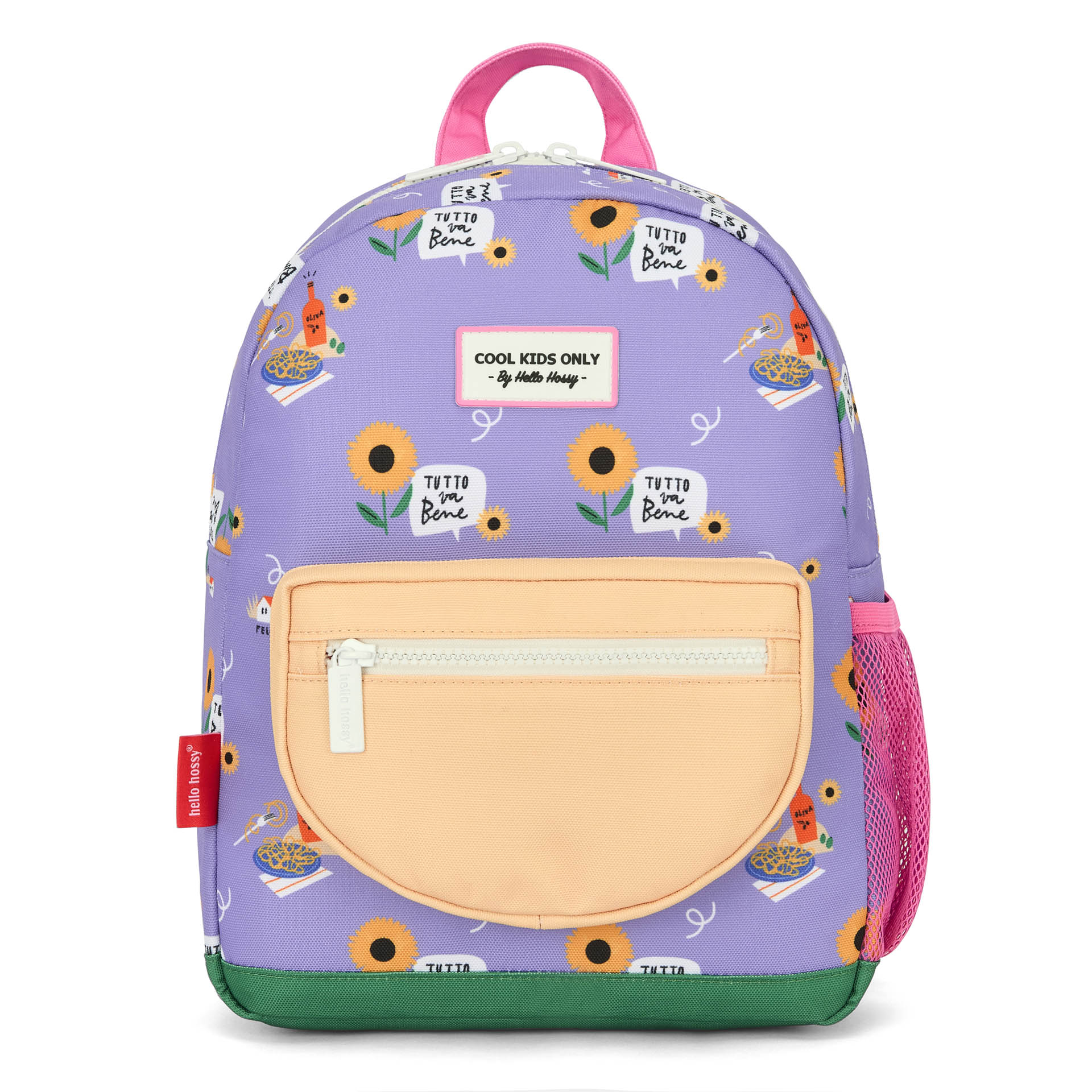 Front view of purple Hello Hossy children's backpack with pizza and sunflower print
