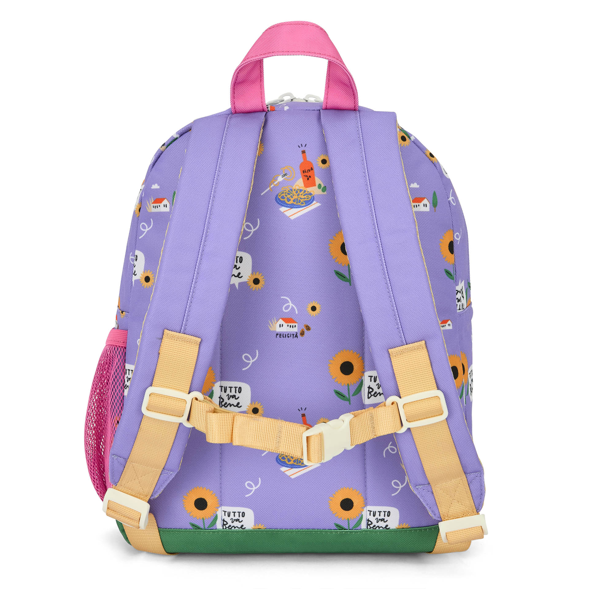 Purple Hello Hossy kids backpack back panel with beige padded straps and sunflower pattern