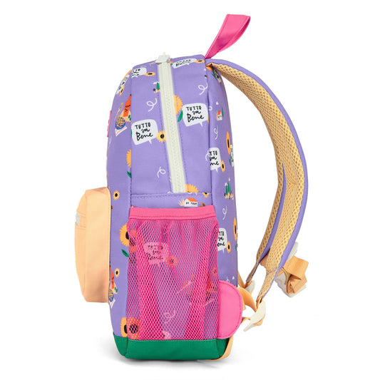 Side profile of purple Hello Hossy school bag showing padded mesh straps and side pocket