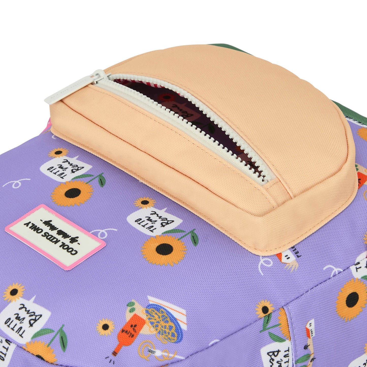 Purple Hello Hossy kids backpack detail with open peach pocket and COOL KIDS ONLY label