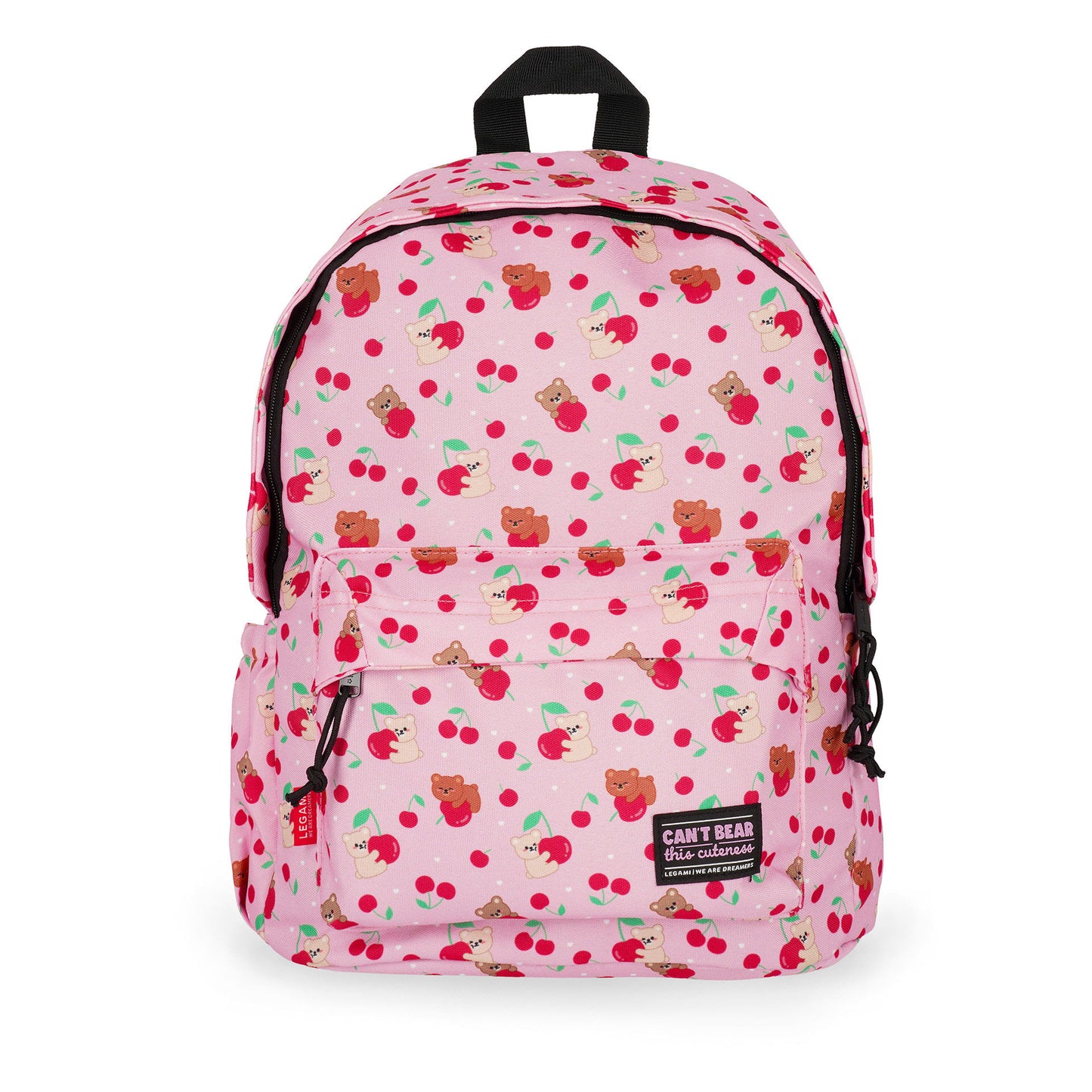 Pink teddy bear cherry print backpack with black zippers and front pocket