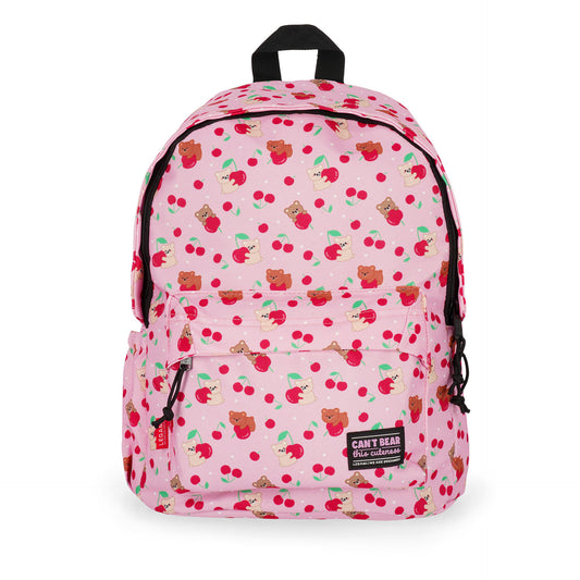 Pink teddy bear cherry print backpack with black zippers and front pocket