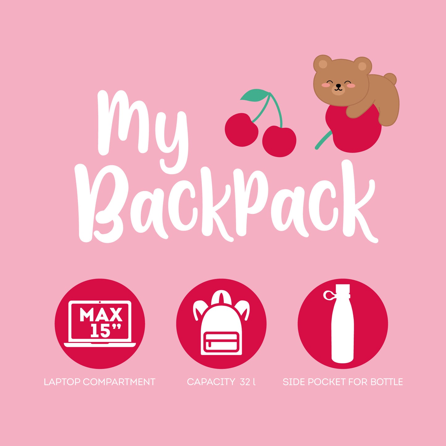 My Backpack graphic showing 15 inch laptop compartment and 32L capacity