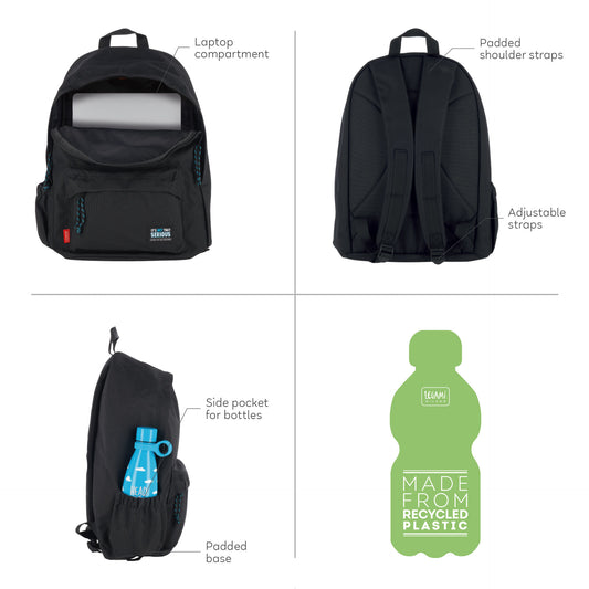 Black backpack feature diagram highlighting laptop compartment and recycled plastic material