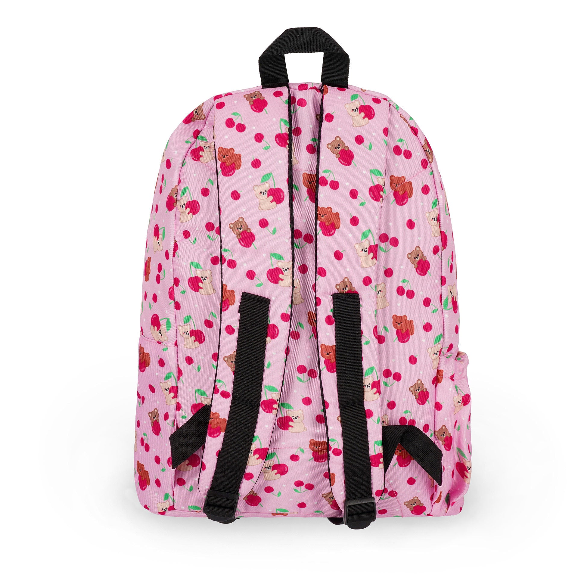 Pink teddy bear backpack back view with adjustable padded straps