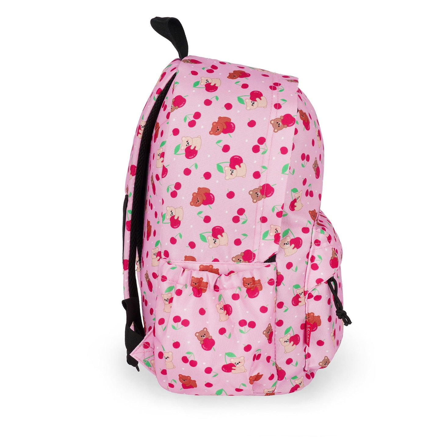 Back view of pink teddy bear backpack with padded shoulder straps