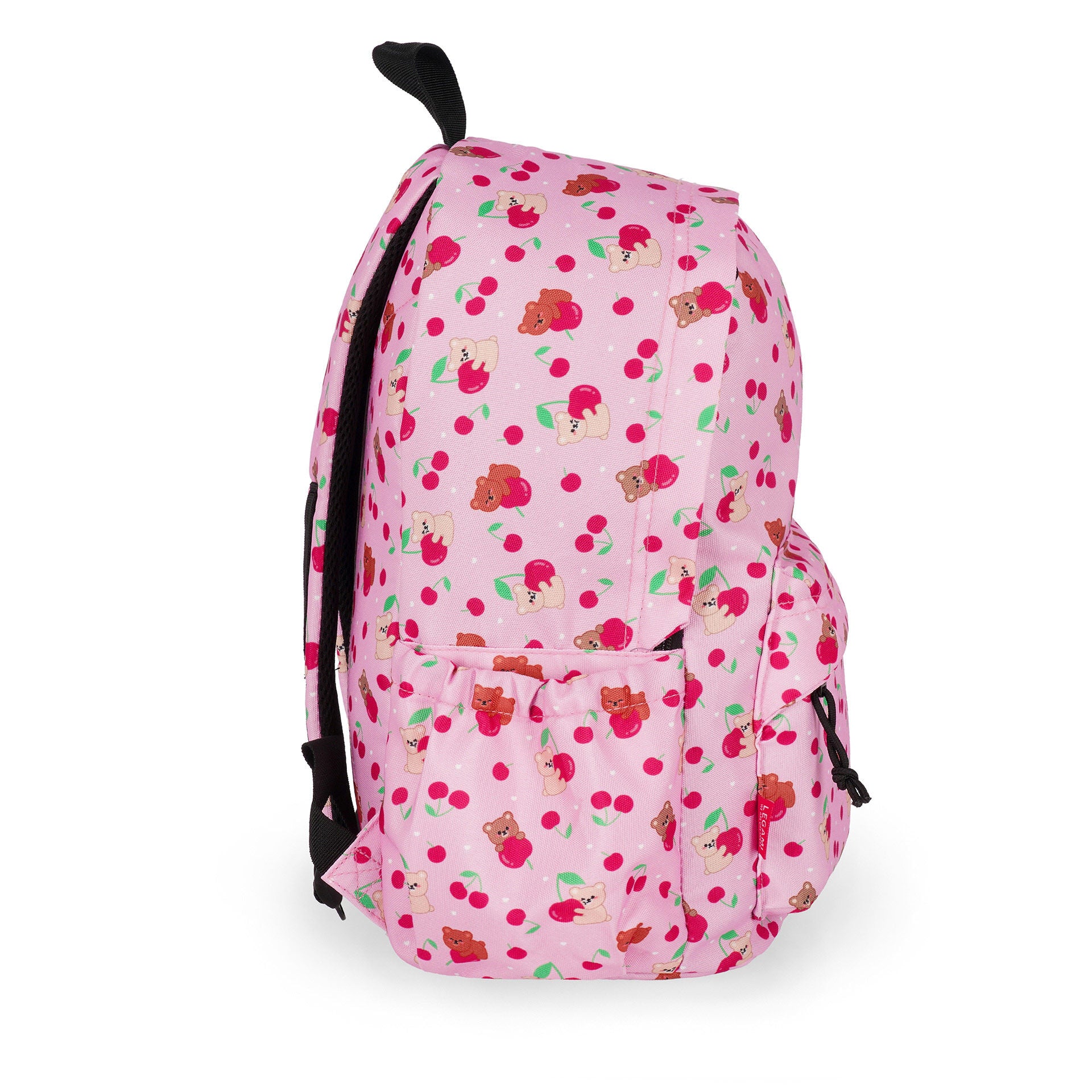 Back view of pink teddy bear backpack with padded shoulder straps