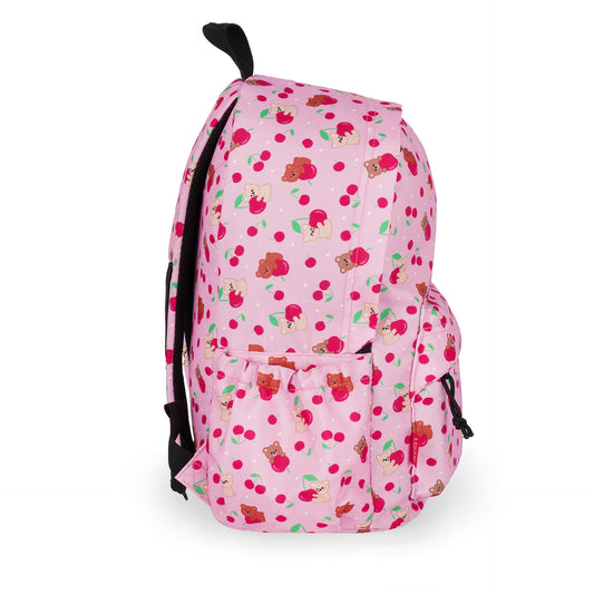 Back view of pink teddy bear backpack with padded shoulder straps