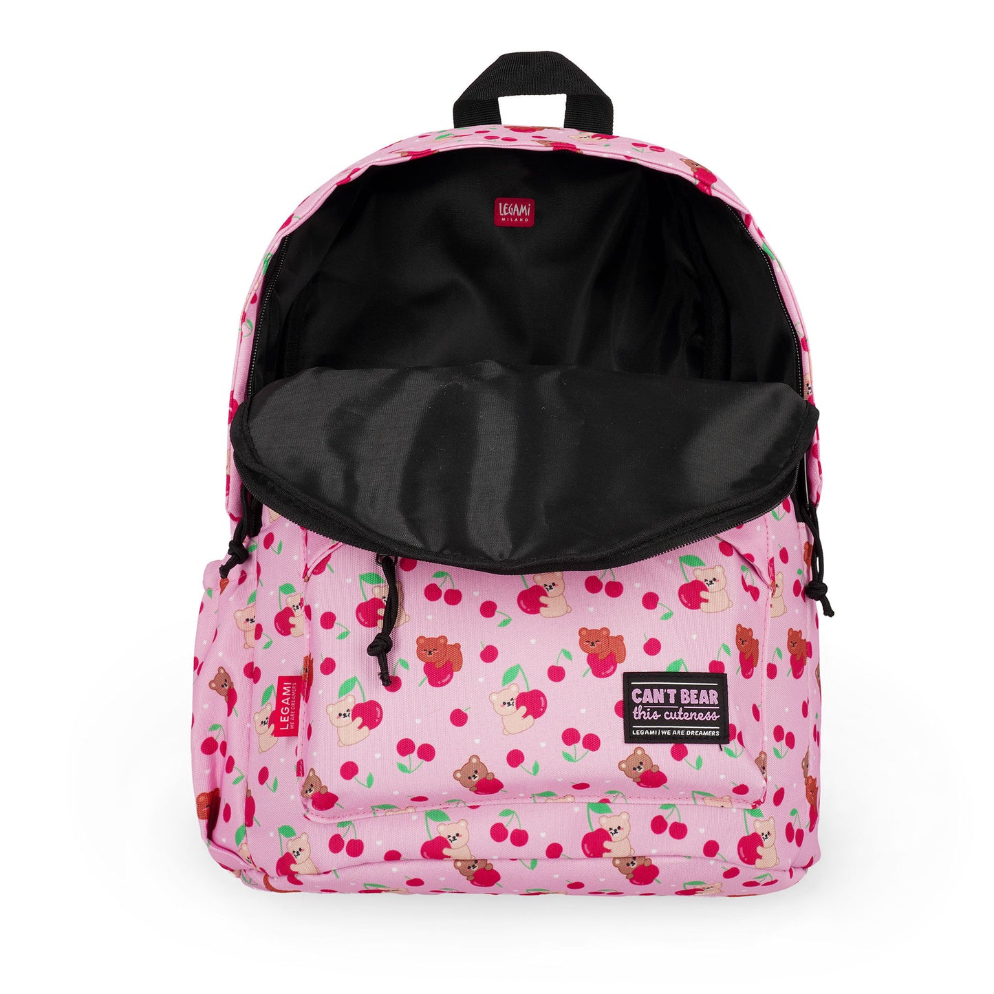 Open pink teddy bear backpack showing black interior lining and tags