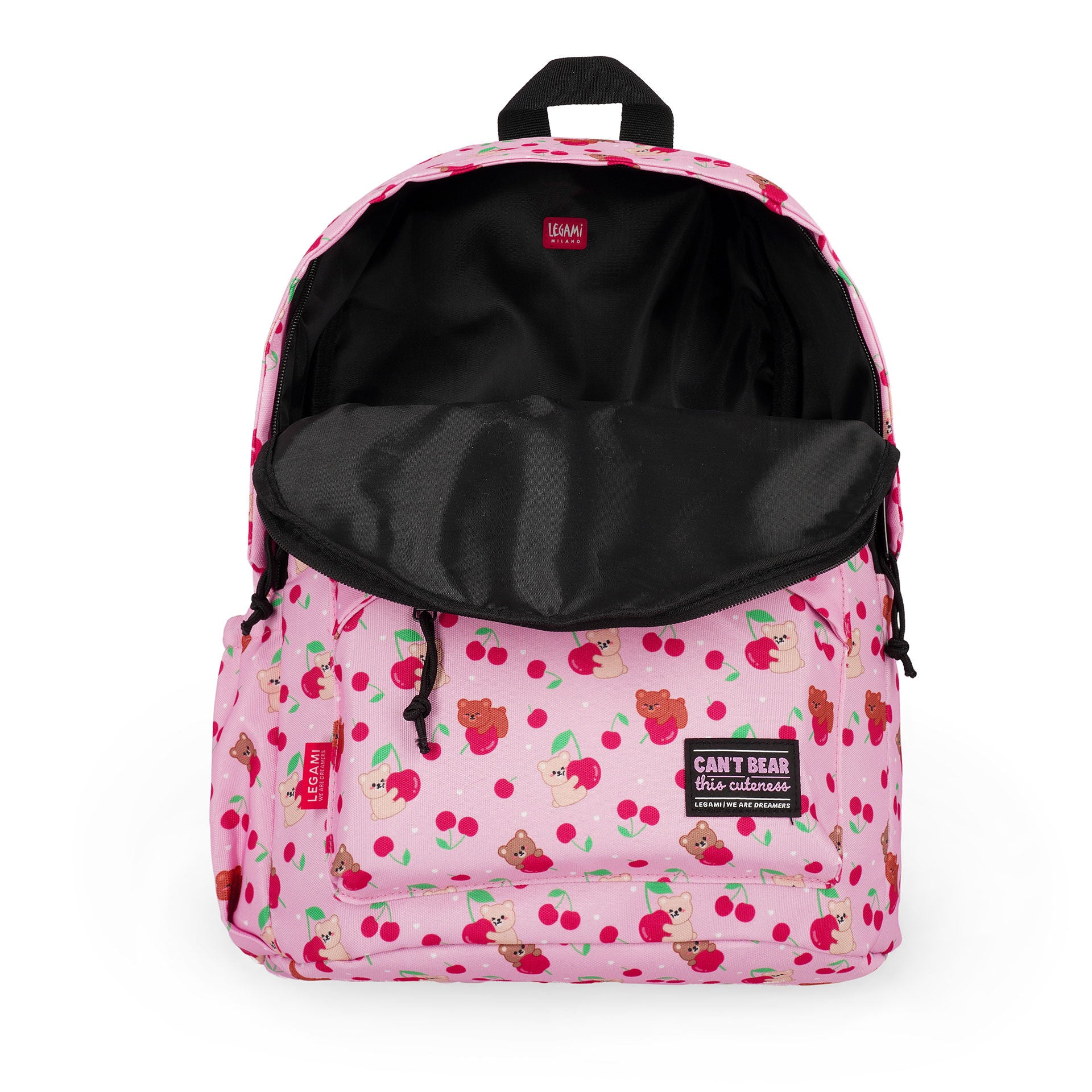 Open pink teddy bear backpack showing black interior lining and tags