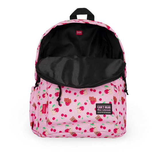 Open pink teddy bear backpack showing black interior lining and tags