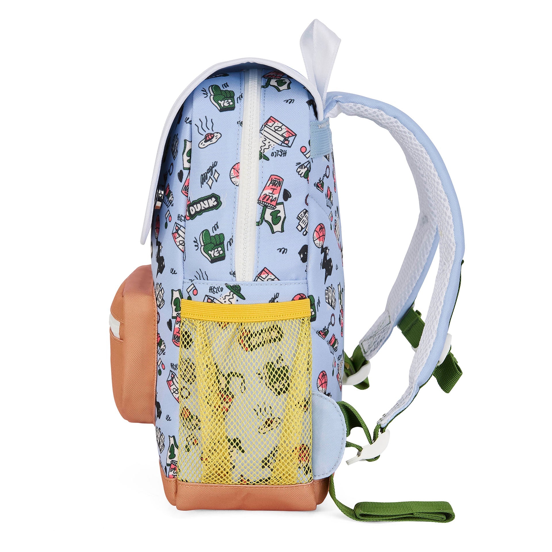 Light blue recycled polyester kids backpack with cartoon graphics and tan base