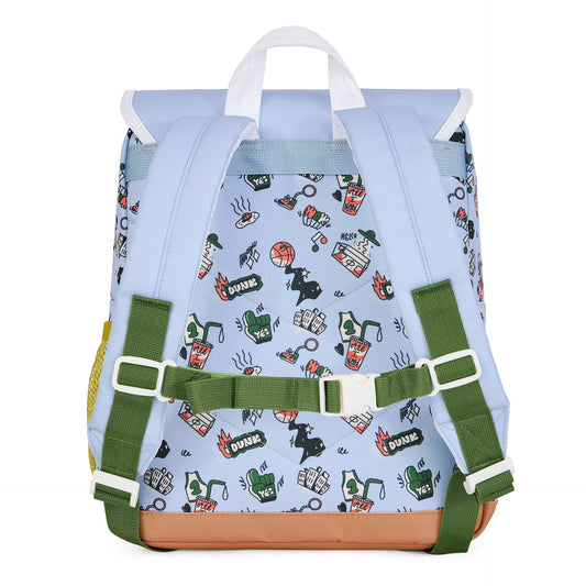 Back view of padded olive green straps on light blue patterned school bag