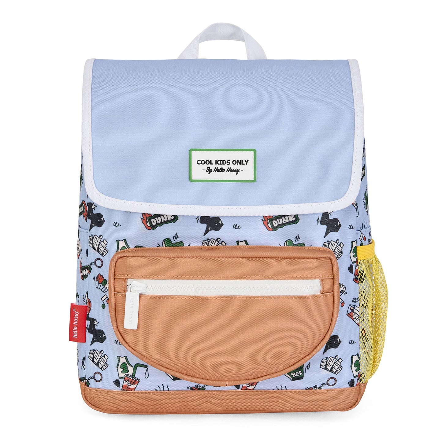 Hello Hossy Dunk kids backpack front with basketball graphics and red tag