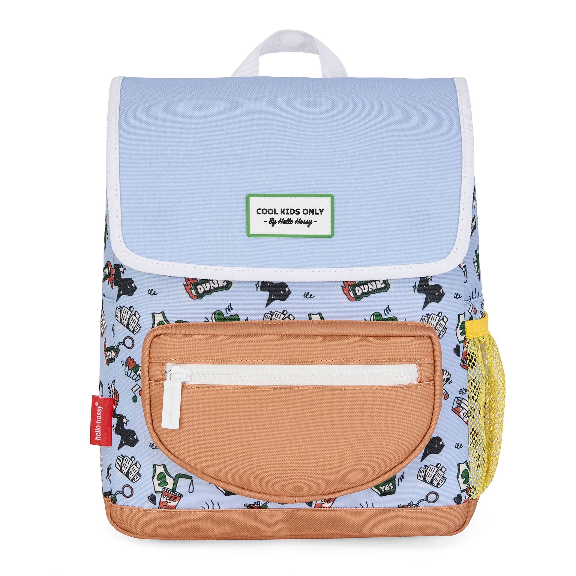 Hello Hossy Dunk kids backpack front with basketball graphics and red tag
