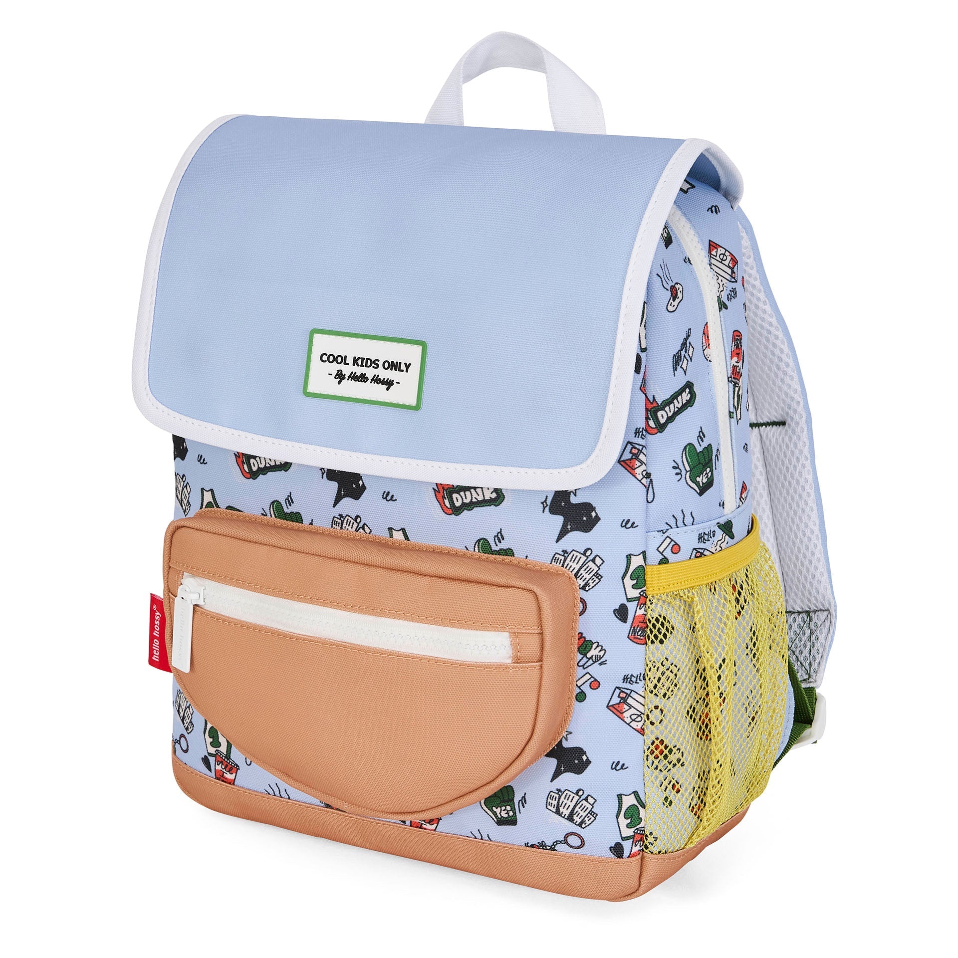 Front view Hello Hossy Cool Kids Only children's school bag with green label