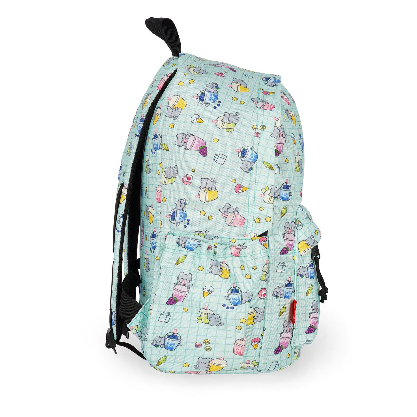 Three-quarter rear angle of structured light teal cat print school backpack