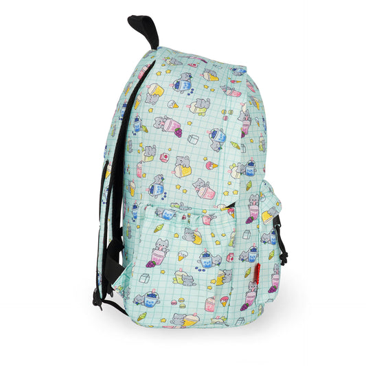 Three-quarter rear angle of structured light teal cat print school backpack