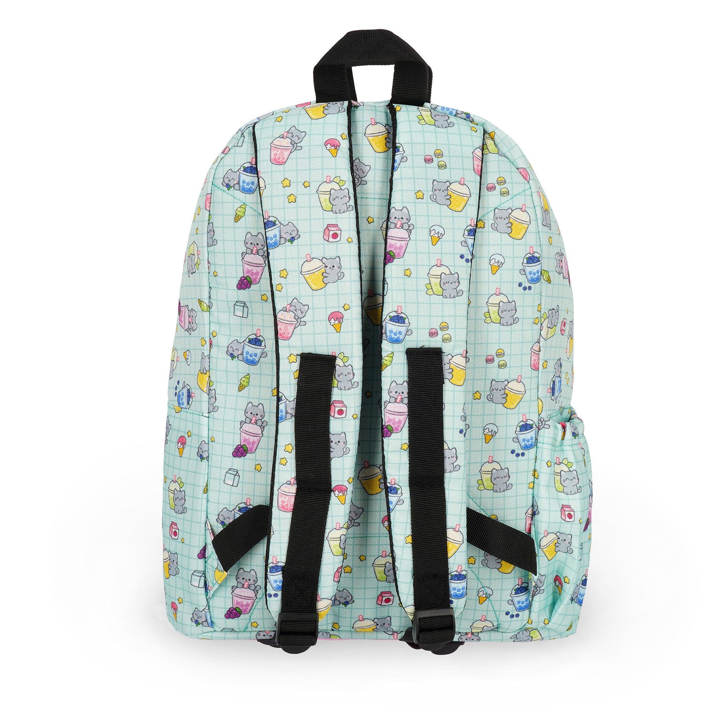 Back view of light teal backpack with padded adjustable shoulder straps