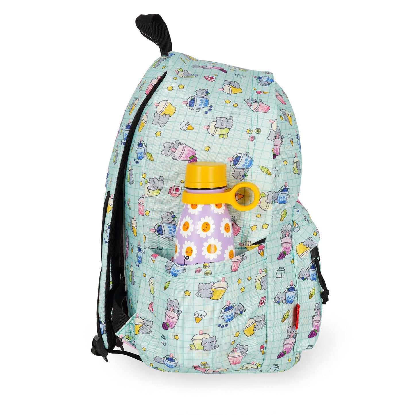 Side view of teal cat backpack holding purple water bottle in mesh pocket