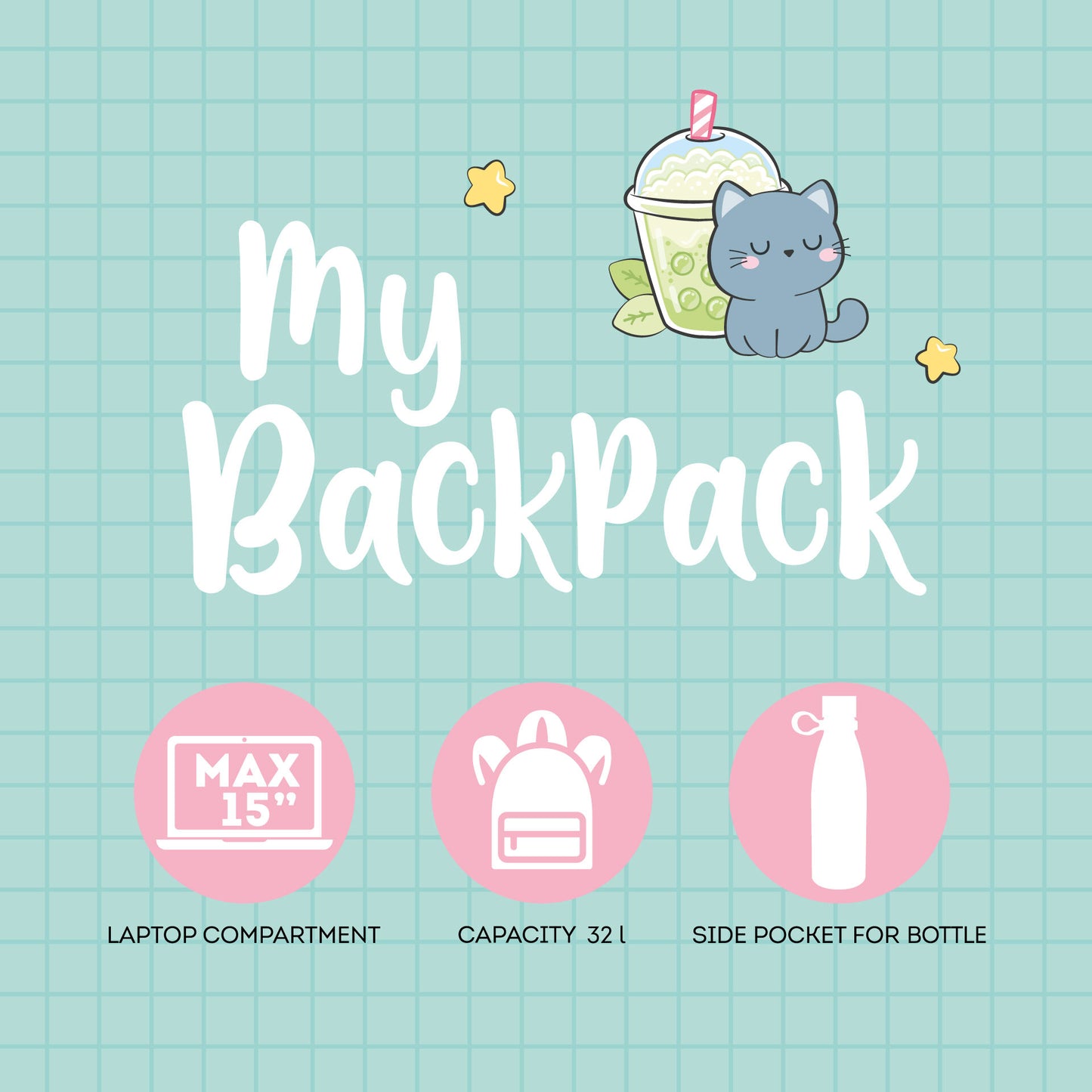 My Backpack features graphic showing 15-inch laptop fit and side bottle pocket