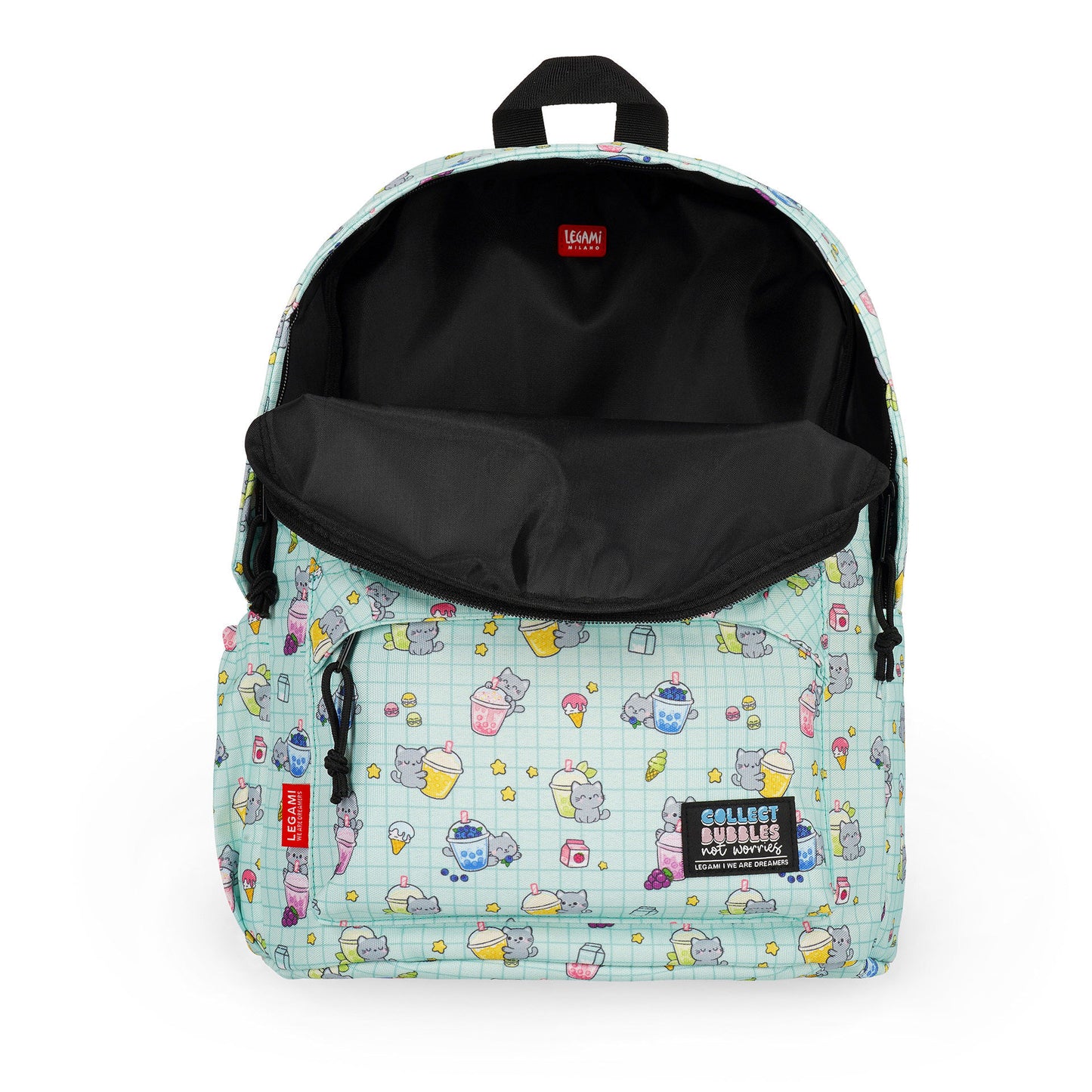 Interior view of light teal cat print backpack with black lining and red tag