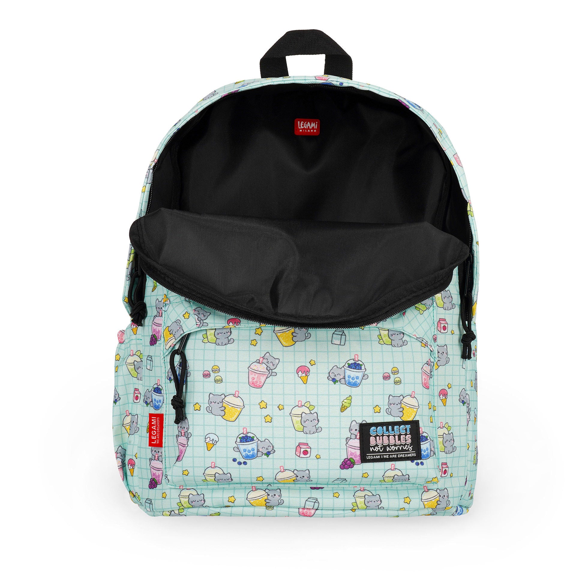 Interior view of light teal cat print backpack with black lining and red tag