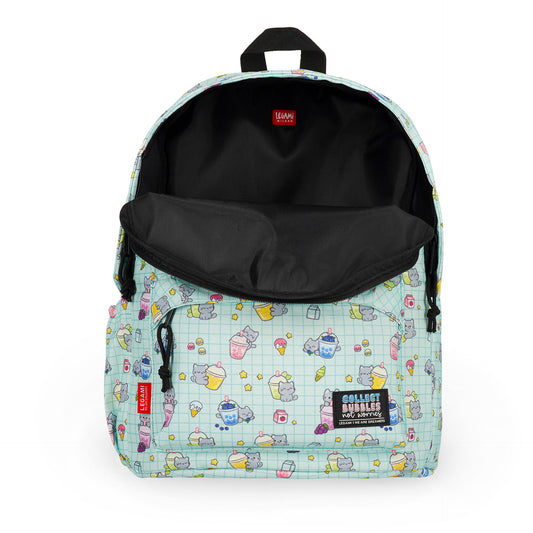 Interior view of light teal cat print backpack with black lining and red tag