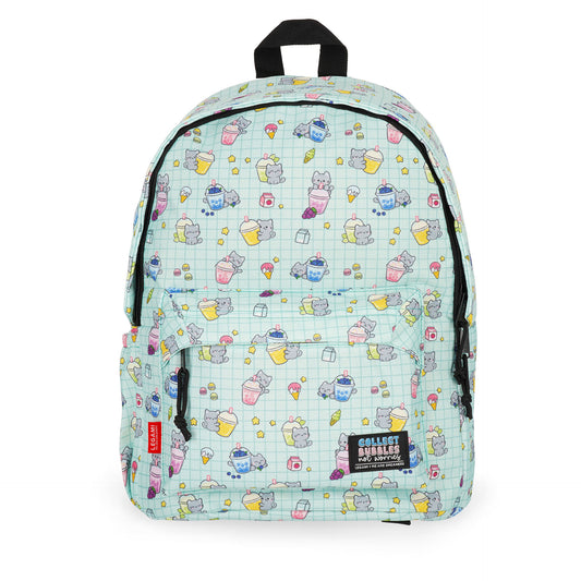 Light teal Kitty backpack with boba tea print and laptop compartment
