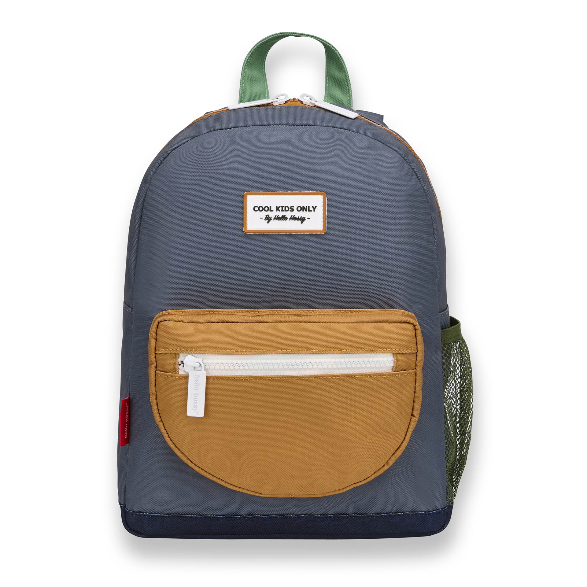 Mini marine backpack for kids featuring red tag, tan pocket, and adjustable straps