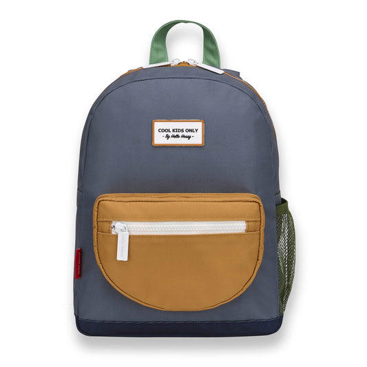 Mini marine backpack for kids featuring red tag, tan pocket, and adjustable straps
