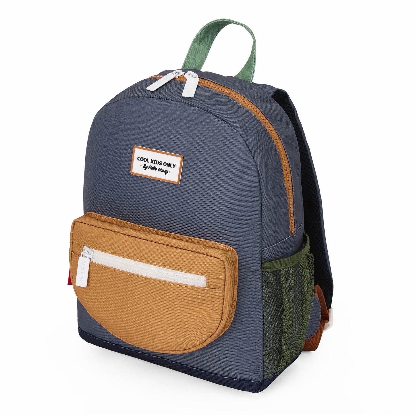 Front studio shot of blue-gray kids school bag with orange zipper and beige brand label
