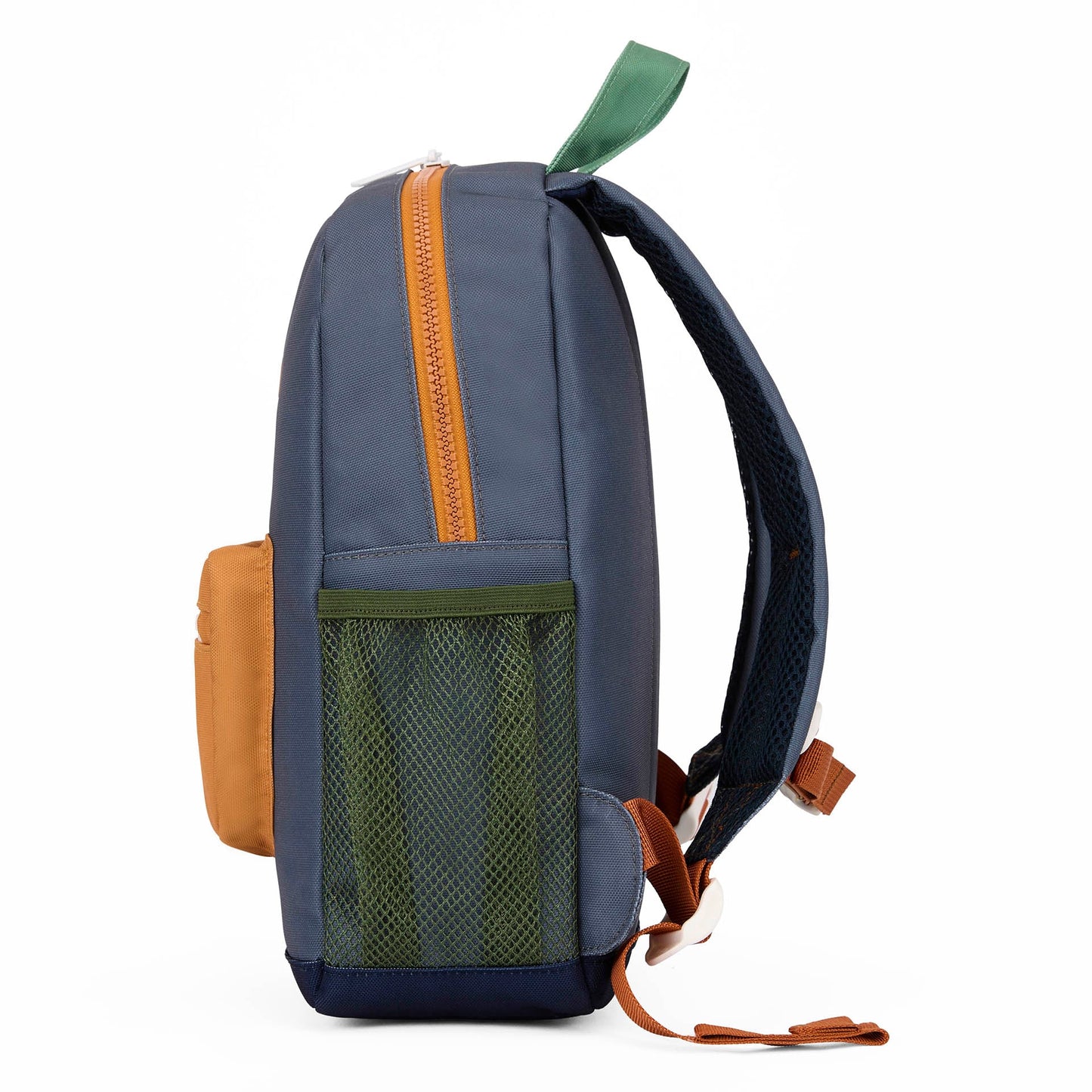 Side profile of recycled polyester mini backpack with tan front pocket and green handle