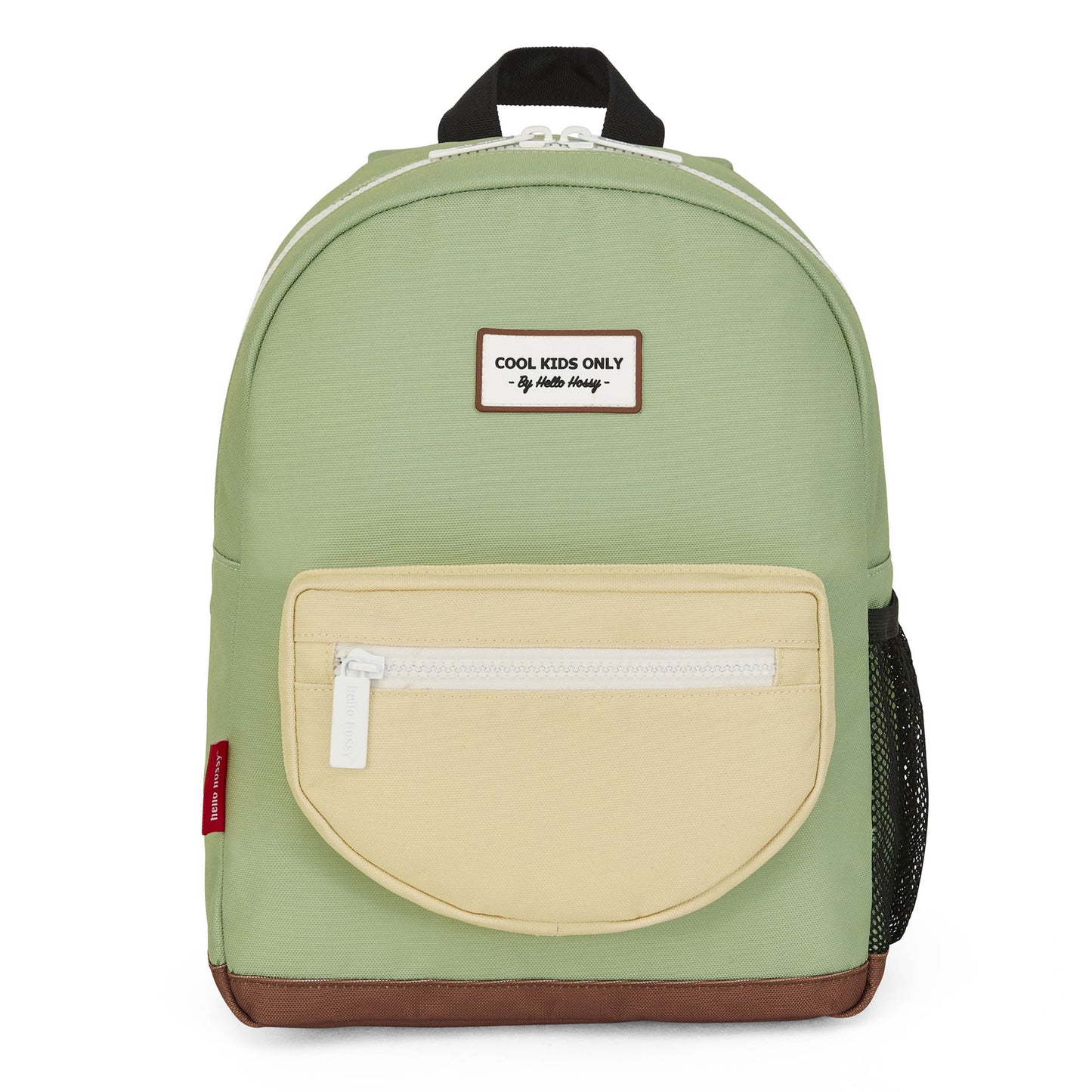 Mini Pistache green kids backpack with beige pocket and Hello Hossy label