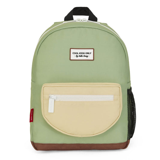 Mini Pistache green kids backpack with beige pocket and Hello Hossy label