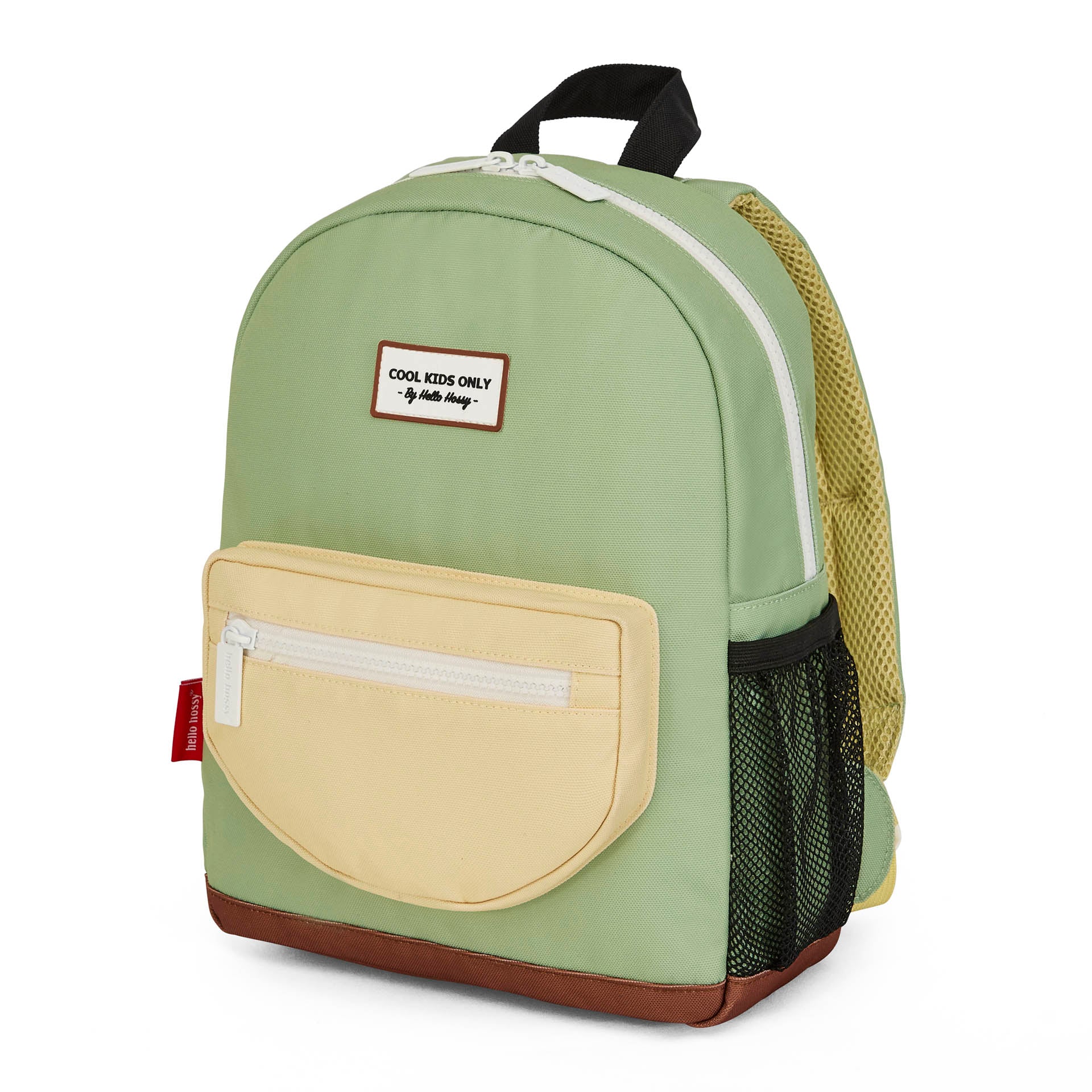 Front-three-quarter view of green Mini Pistache backpack with yellow mesh side