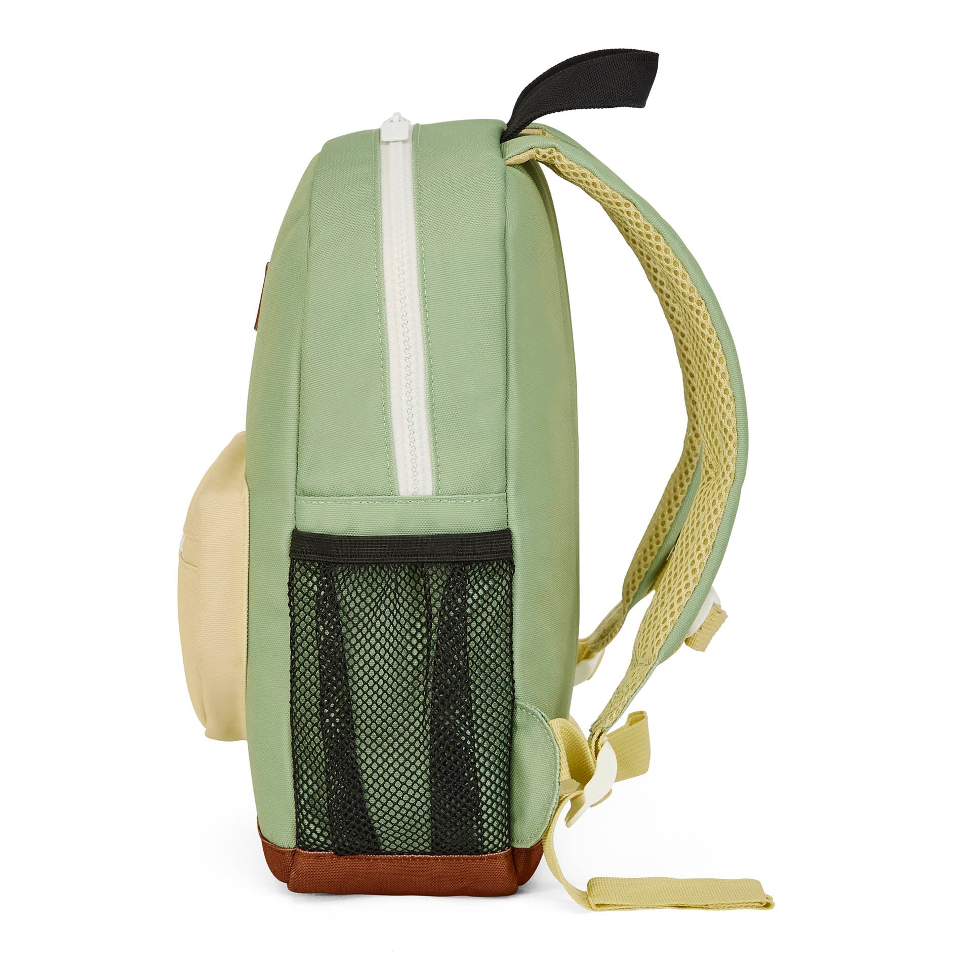 Side profile showing black mesh pocket on green Mini Pistache kids bag