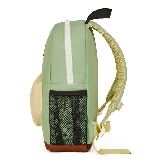 Side profile showing black mesh pocket on green Mini Pistache kids bag