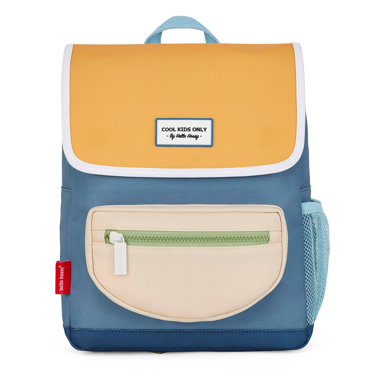 Front product shot of blue and mustard Hello Hossy kids backpack with label