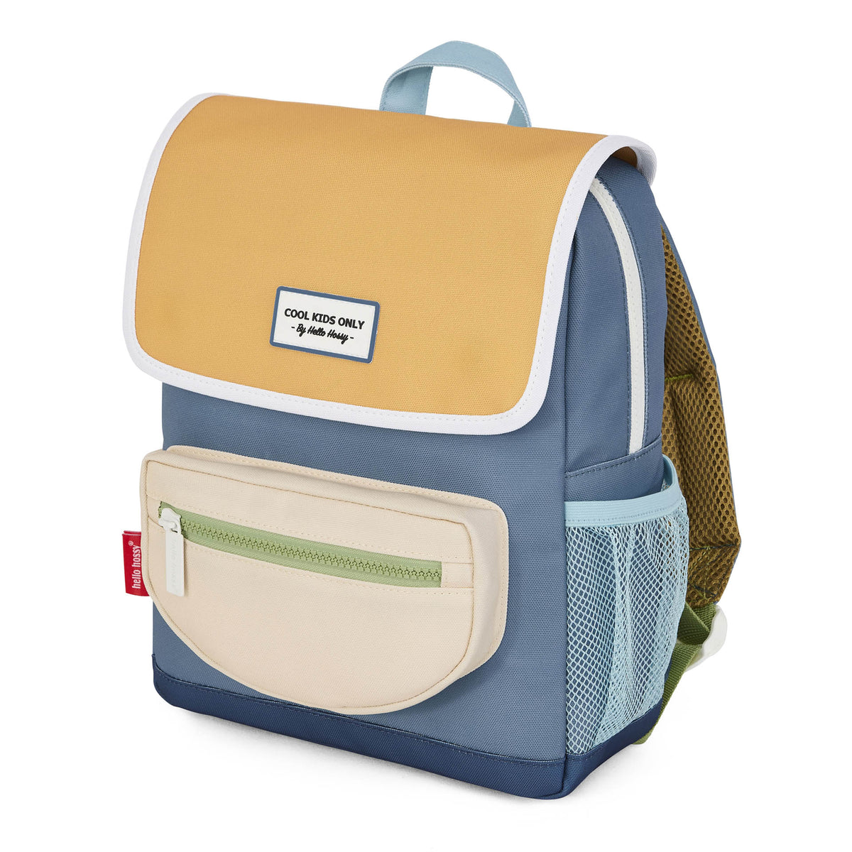 Front patchwork design of blue and mustard Hello Hossy mini Sam backpack
