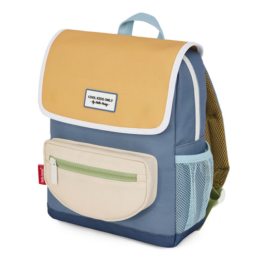 Front patchwork design of blue and mustard Hello Hossy mini Sam backpack
