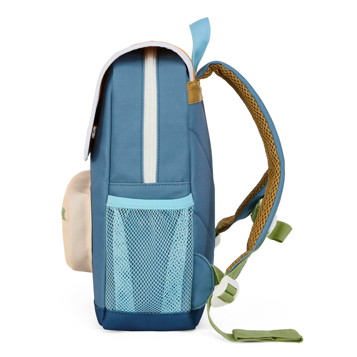 Side view of blue canvas children's backpack showing mesh pocket and straps