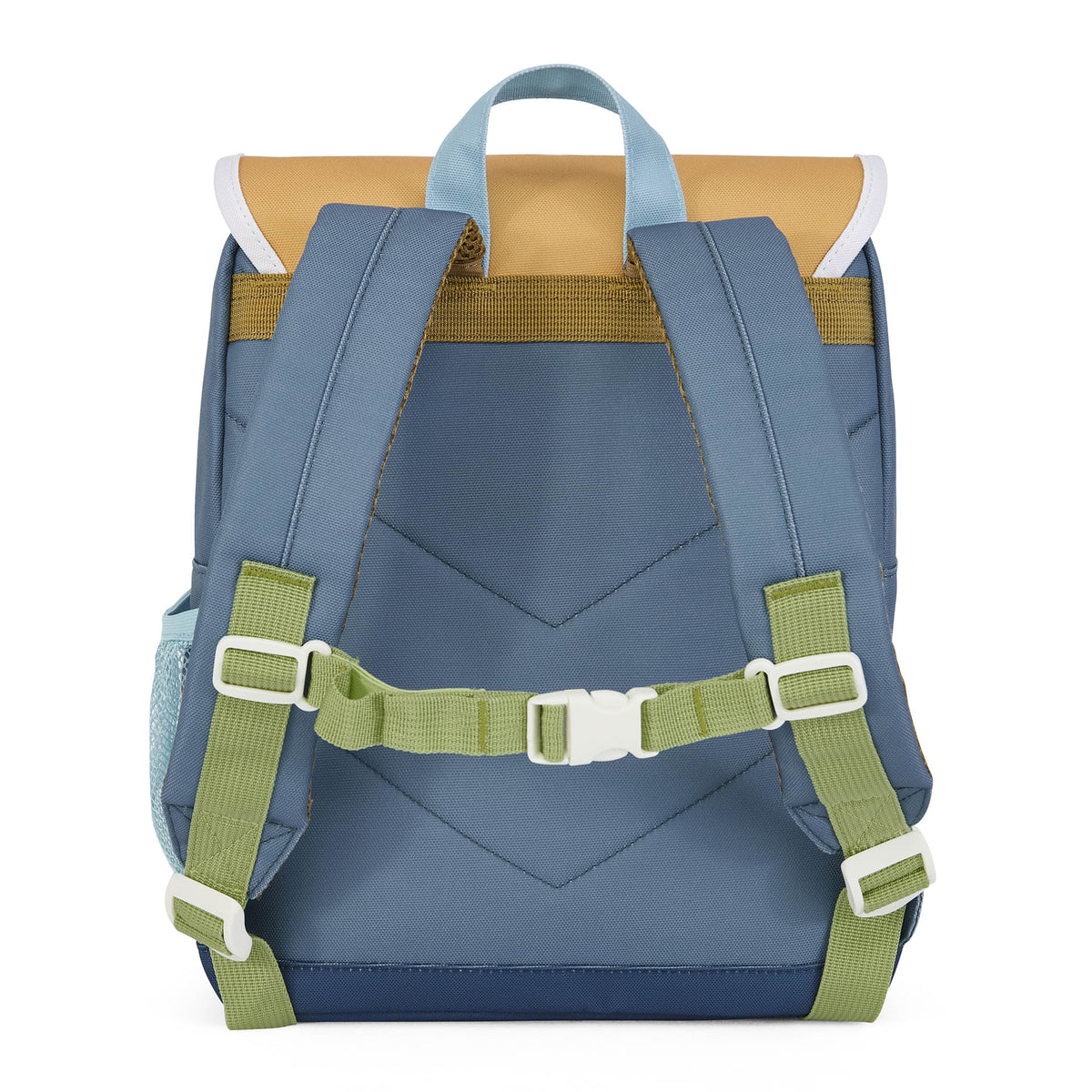 Blue and mustard yellow children's backpack back view with adjustable straps